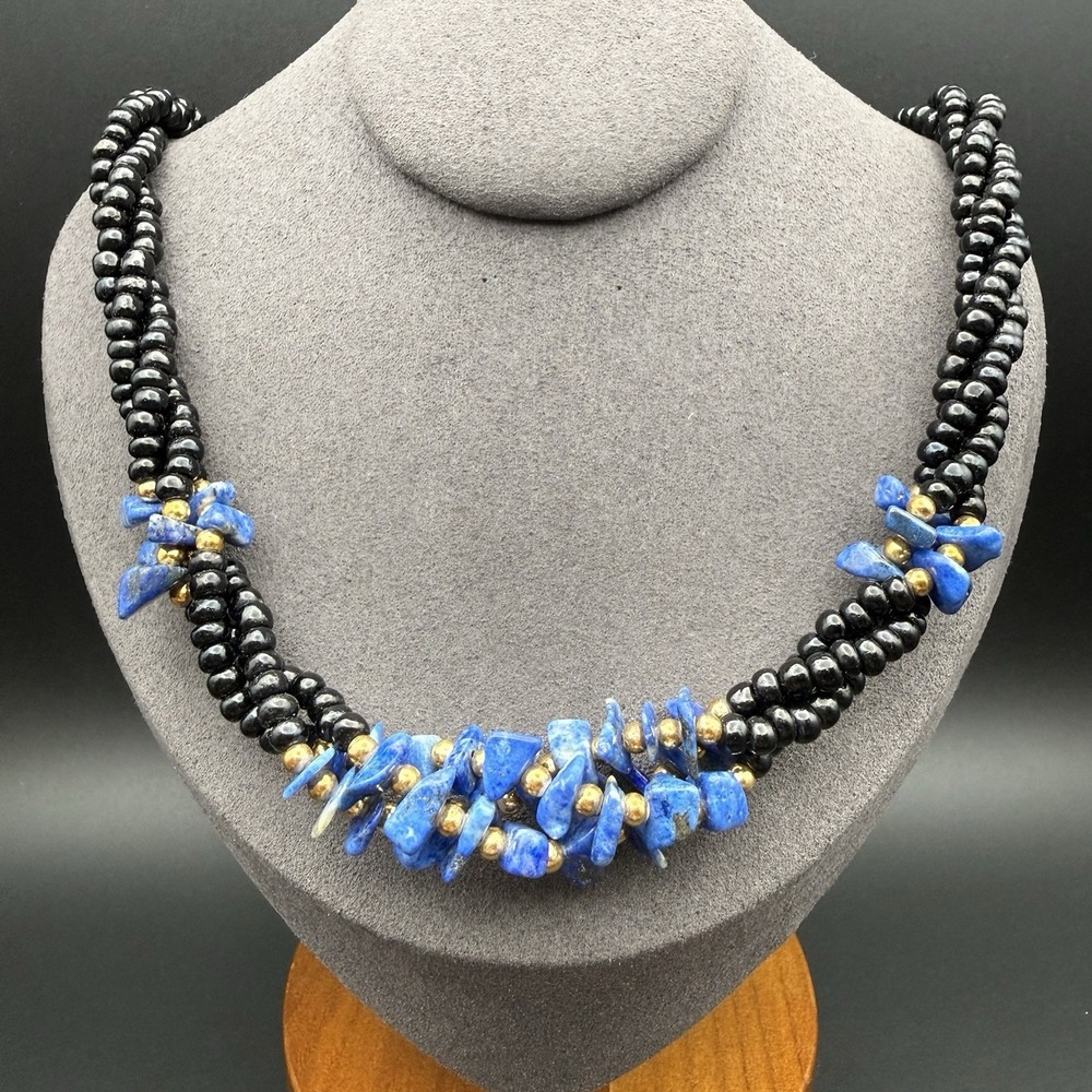 Vtg Blue Lapis Lazuli Chip Gold Tone & Black Seed Bead Multi Strand Necklace 20"